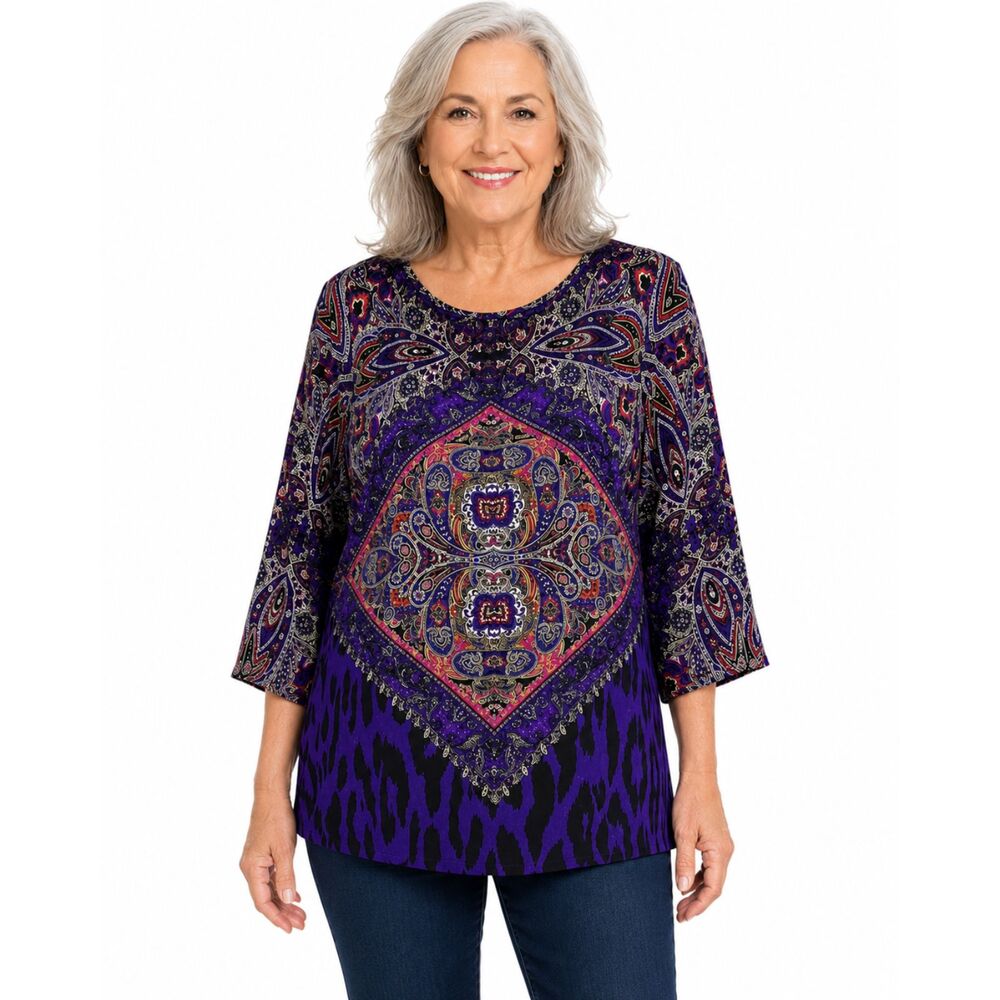 Chico's 0 S 4 6 Purple Paisley Tiger Scarf Print Colorful Matte Satin Top